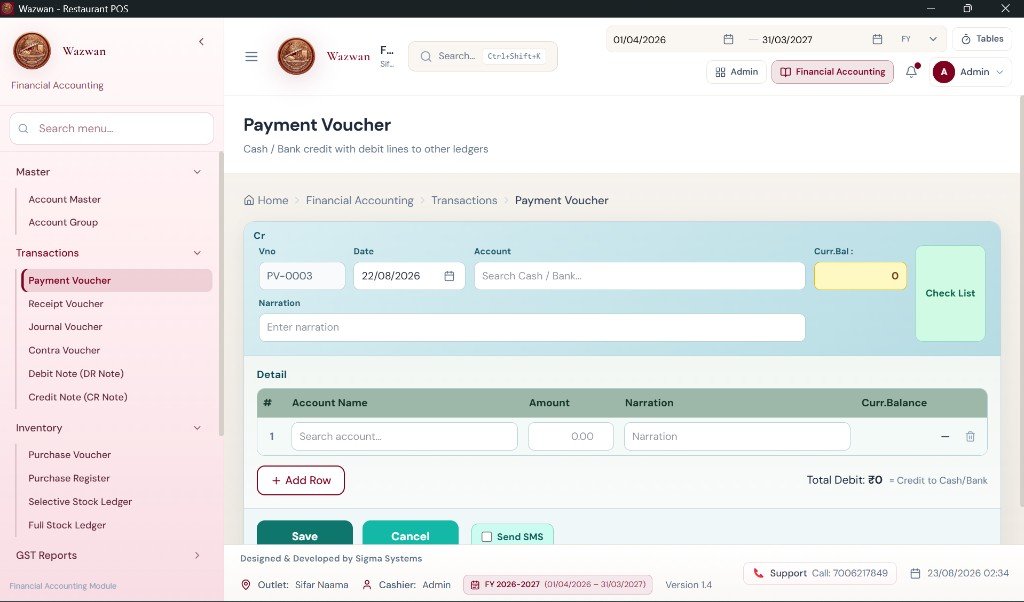 Wazwan POS — Financial Accounting Payment Voucher with debit lines