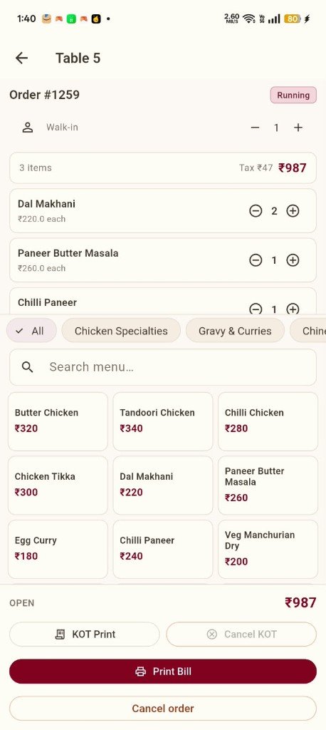 Wazwan Mobile — Table order with menu grid, categories, and KOT Print